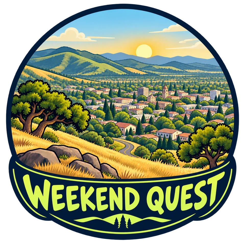Weekend Quest logo with a cartoon Santa Rosa valley, oak-covered hills, and a golden sunset